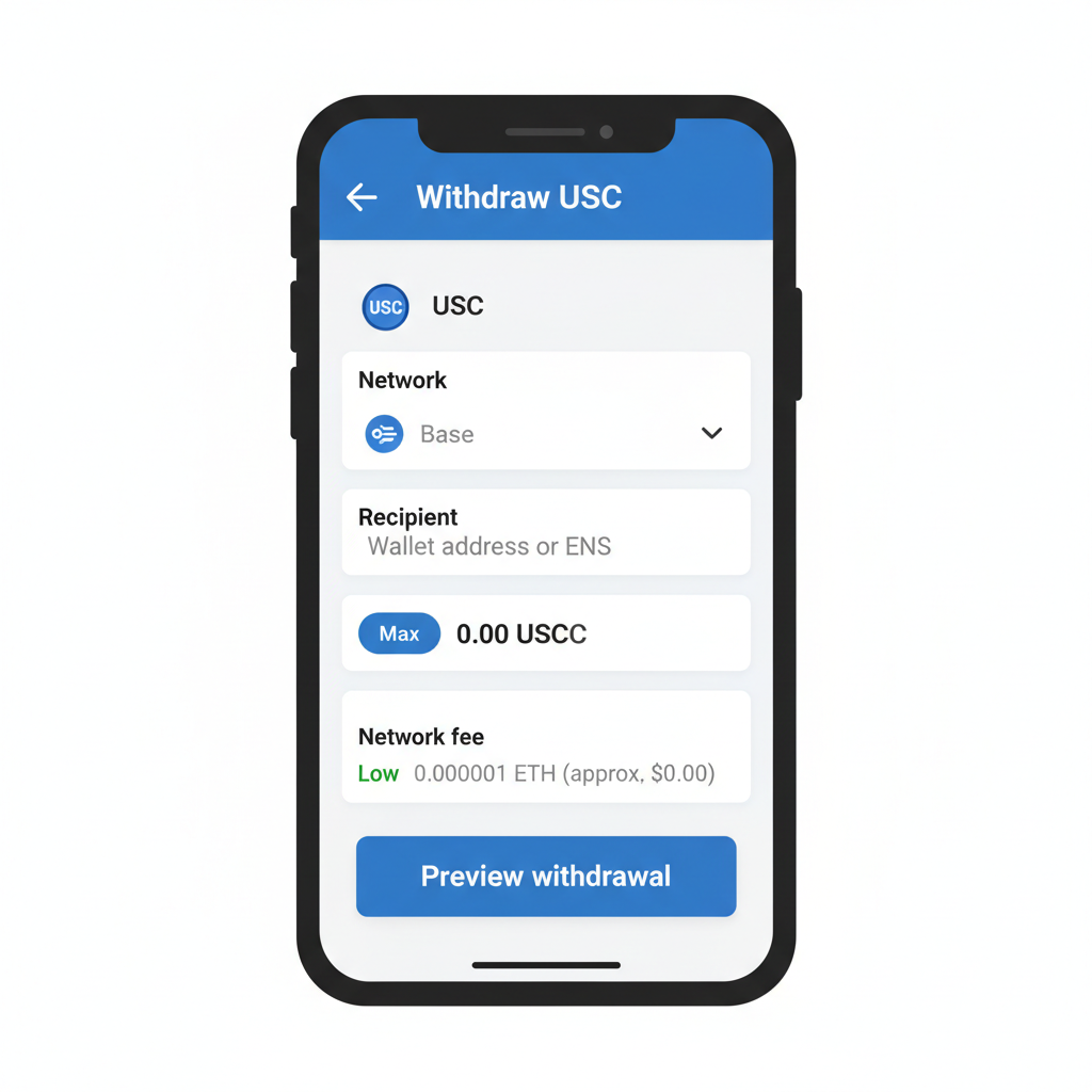 Coinbase withdraw USDC screen selecting Base network, wallet address input, low fee display