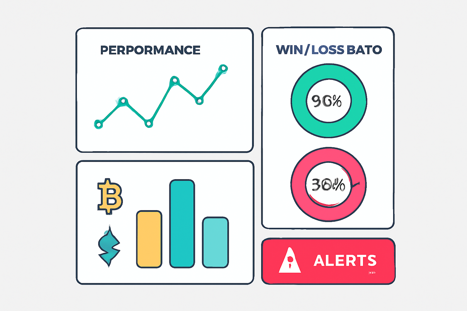 A dashboard with performance graphs, win/loss ratios, and alert notifications, all themed around crypto trading.