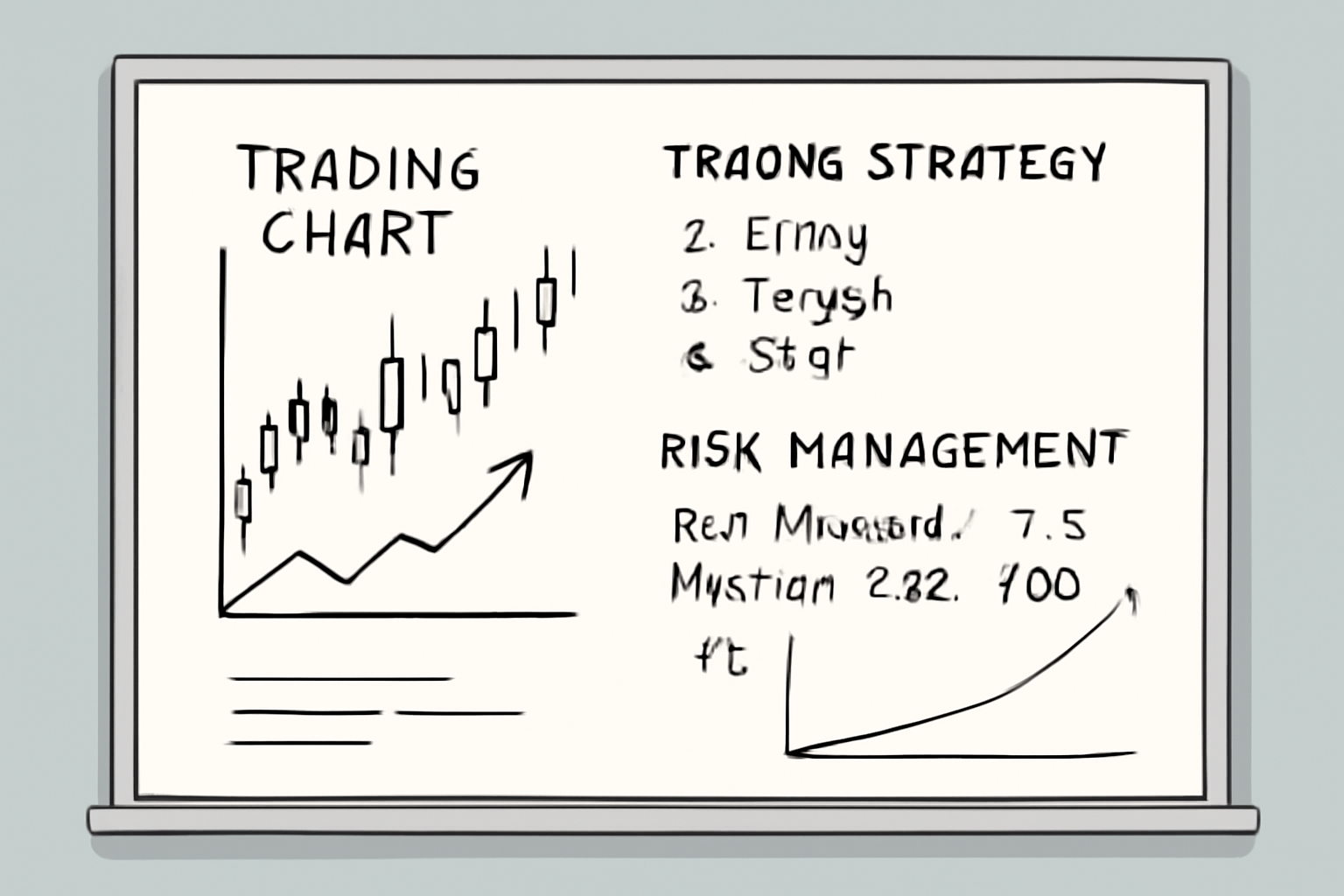 A digital whiteboard with trading charts, strategy notes, and risk management parameters sketched out, set in a modern workspace.
