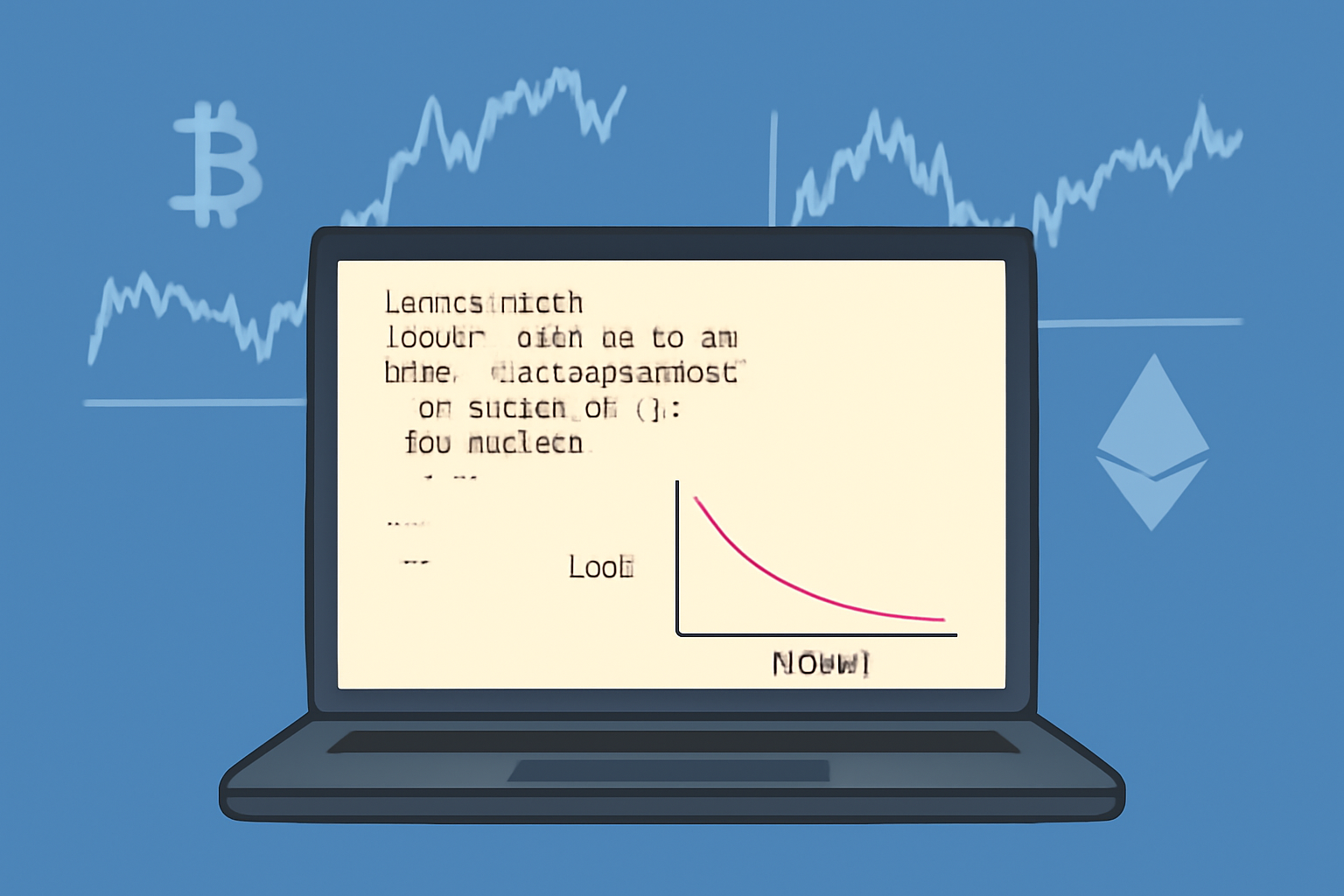 A laptop screen displaying Python code and a neural network training graph, with crypto price charts in the background.