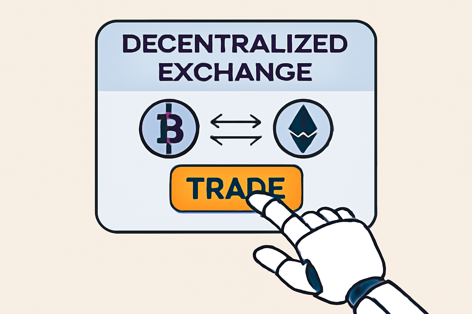 A stylized depiction of a robot hand clicking a 'Trade' button on a decentralized exchange interface.
