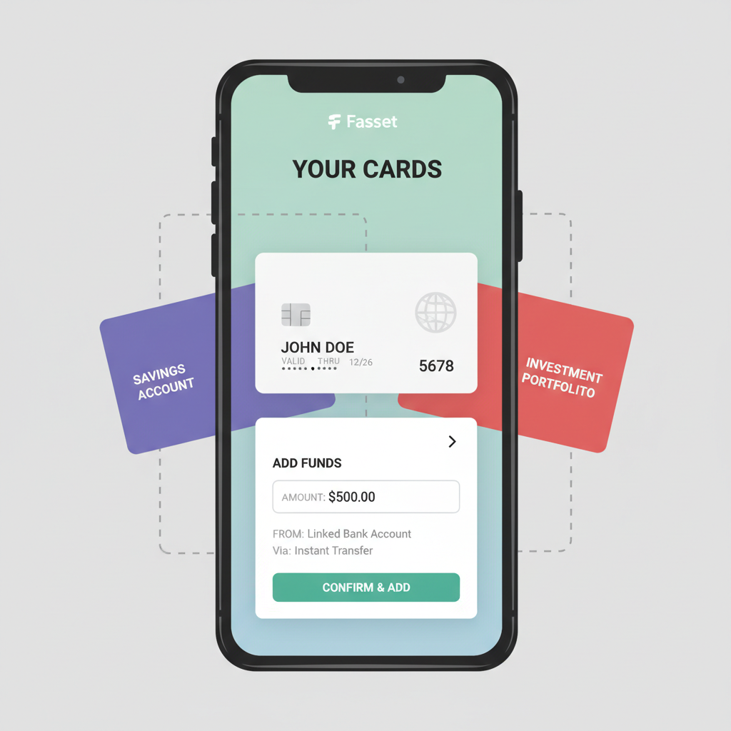 Fasset app cards section with top-up interface and virtual card visible