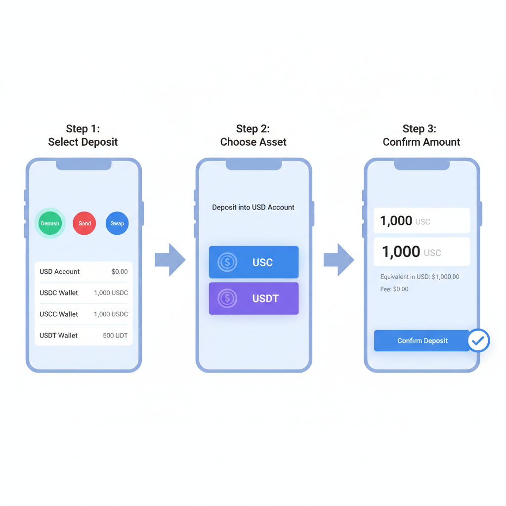 mobile wallet interface showing USDC USDT deposit into USD account