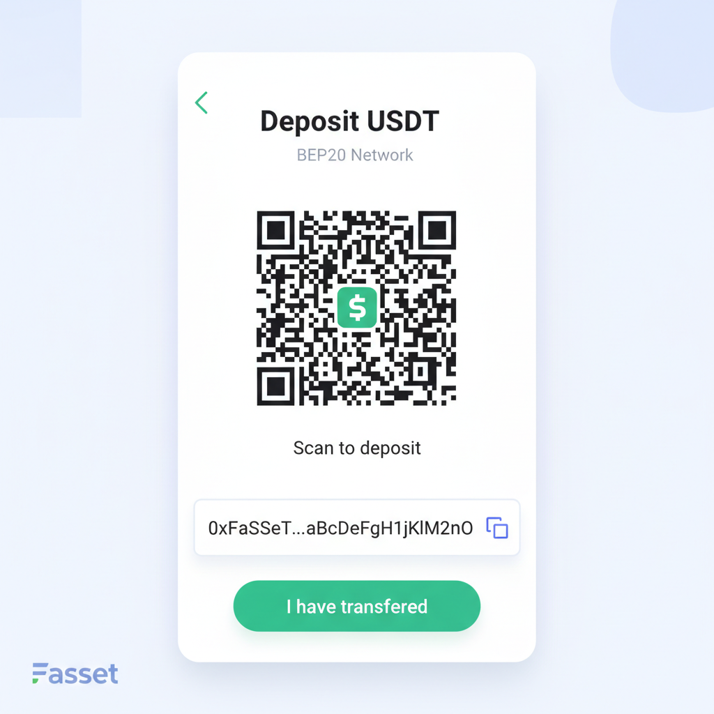 screenshot of Fasset app deposit screen with USDT address and QR code