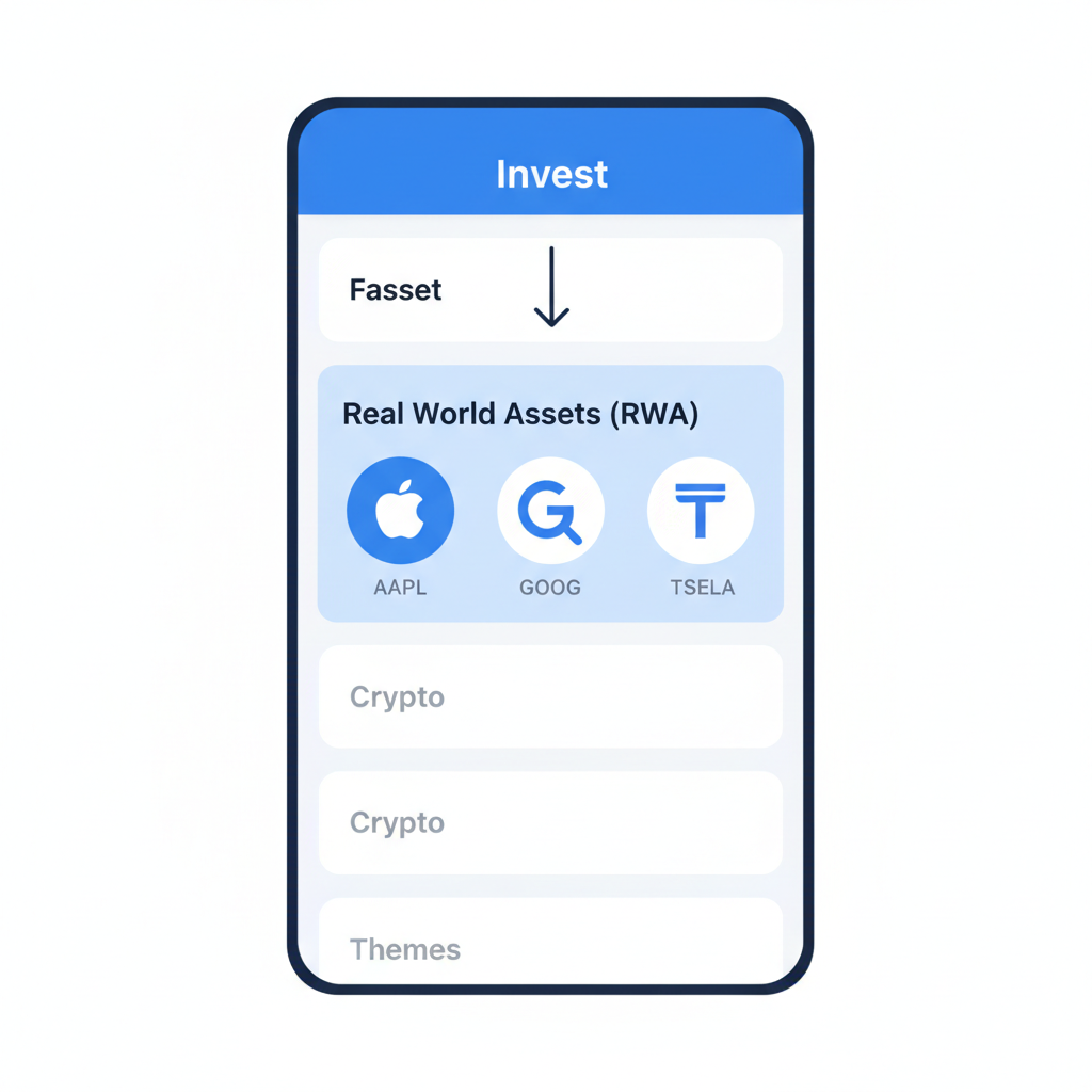 Fasset app invest tab showing RWA section with tokenized US stocks icons