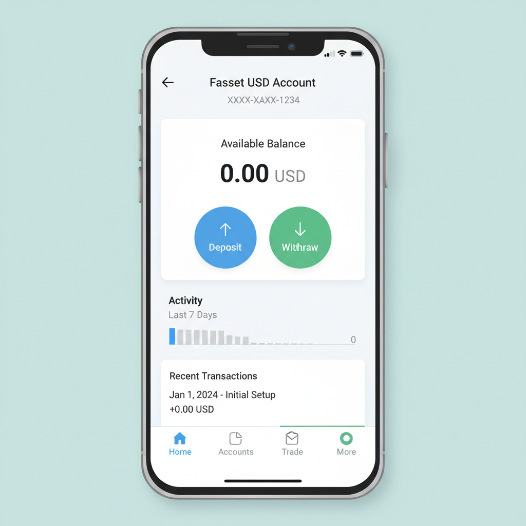 clean mobile app interface showing Fasset USD account dashboard with balance zero