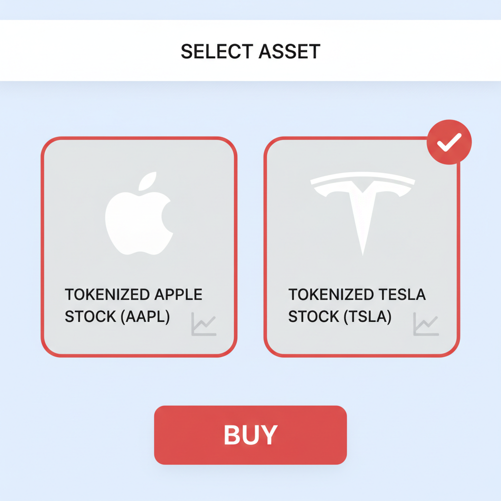 app screen selecting tokenized Apple or Tesla stock with buy button
