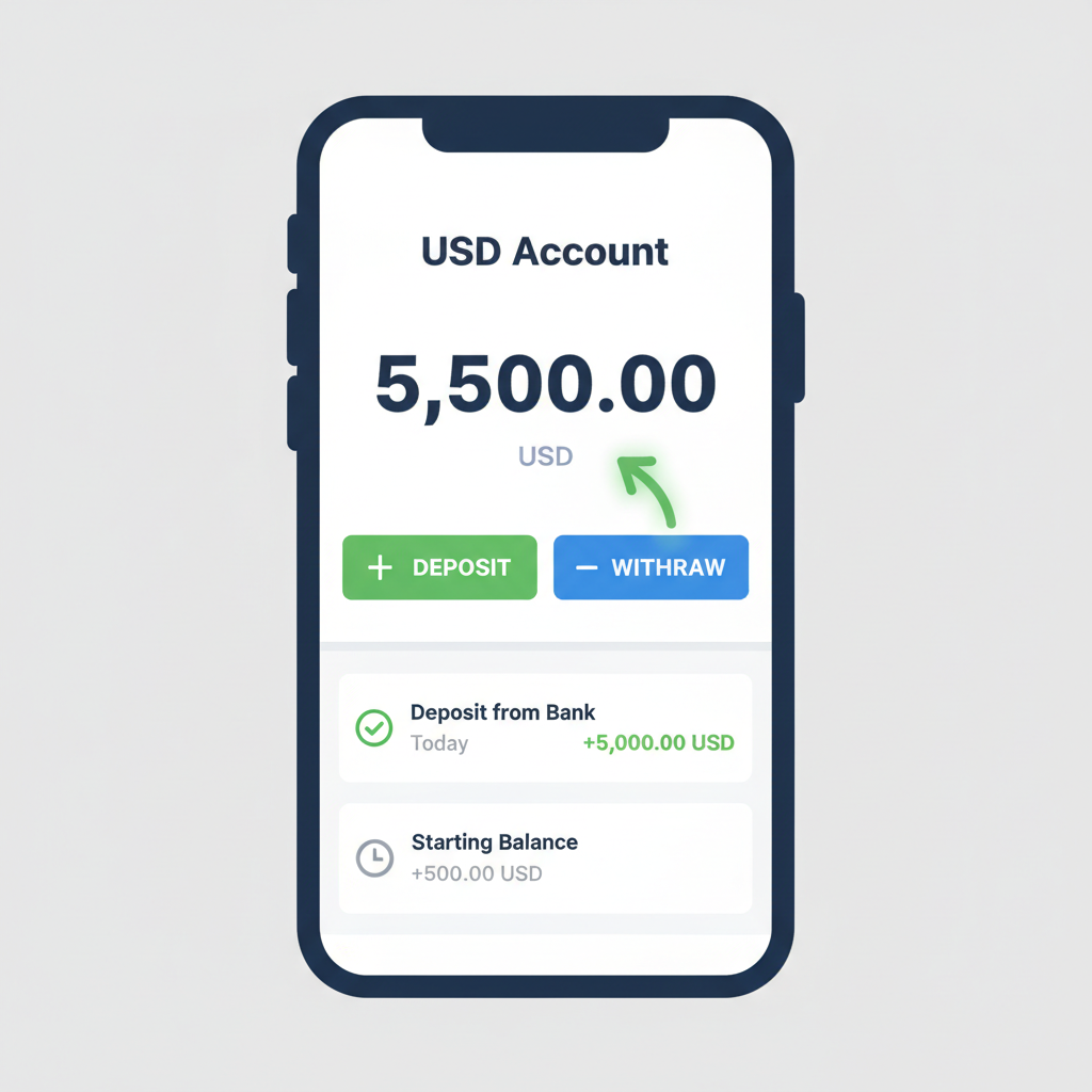 Fasset app USD account screen showing updated balance after deposit