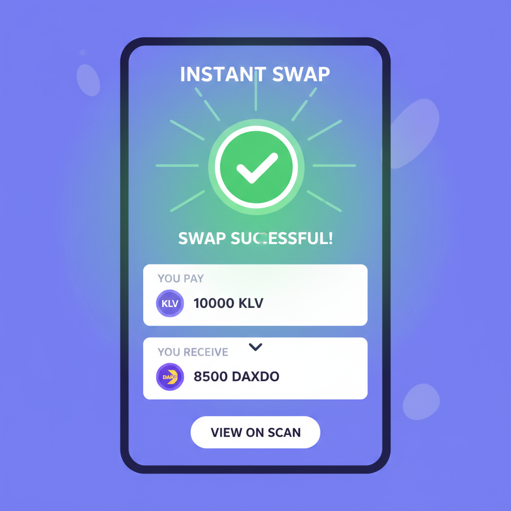 Klever wallet swap interface exchanging KLV for DAXDO tokens, vibrant green success glow