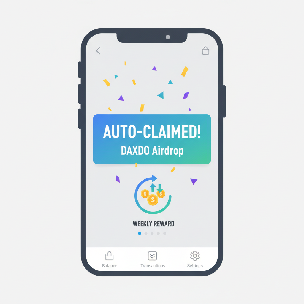 Wallet notification of auto-claimed DAXDO airdrop with weekly reward animation, confetti effect