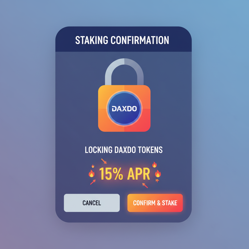 Staking confirmation screen locking DAXDO tokens with 15% APR display, fiery reward icons