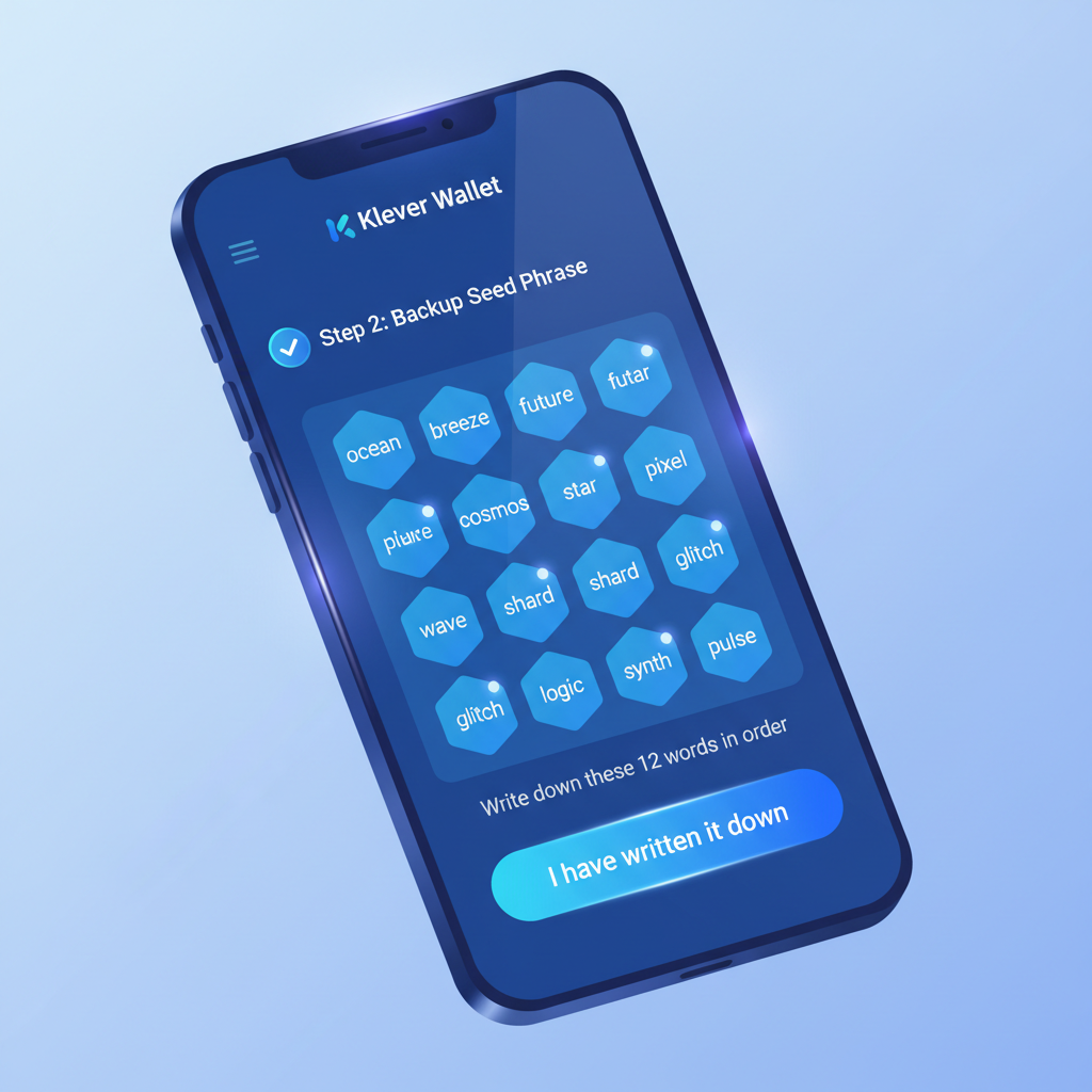 Sleek mobile screen showing Klever wallet setup with seed phrase backup, blue crypto theme