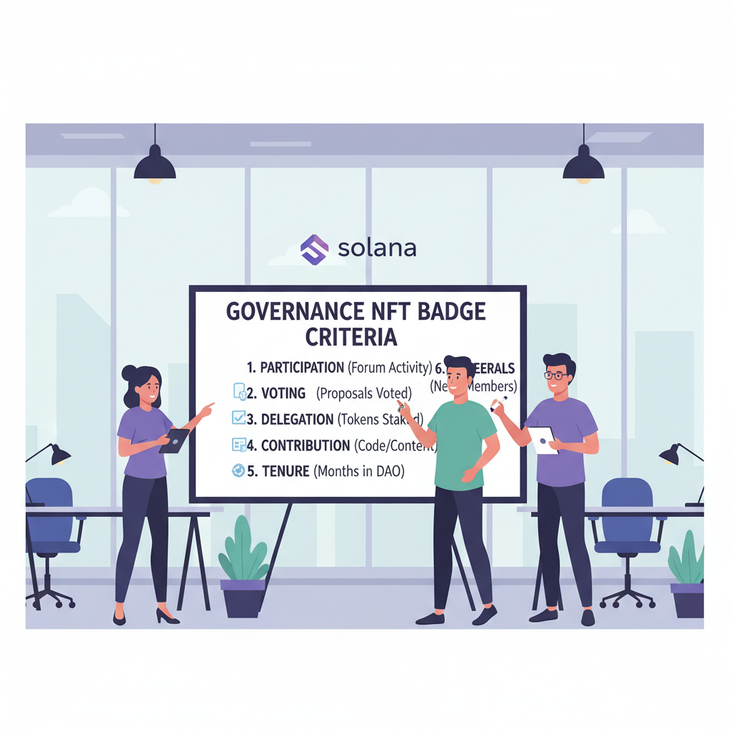 DAO team brainstorming governance NFT badge criteria on whiteboard, Solana logo, professional setting
