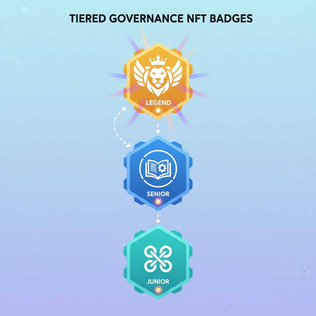 Digital illustration of tiered governance NFT badges: junior, senior, legend, glowing Solana elements