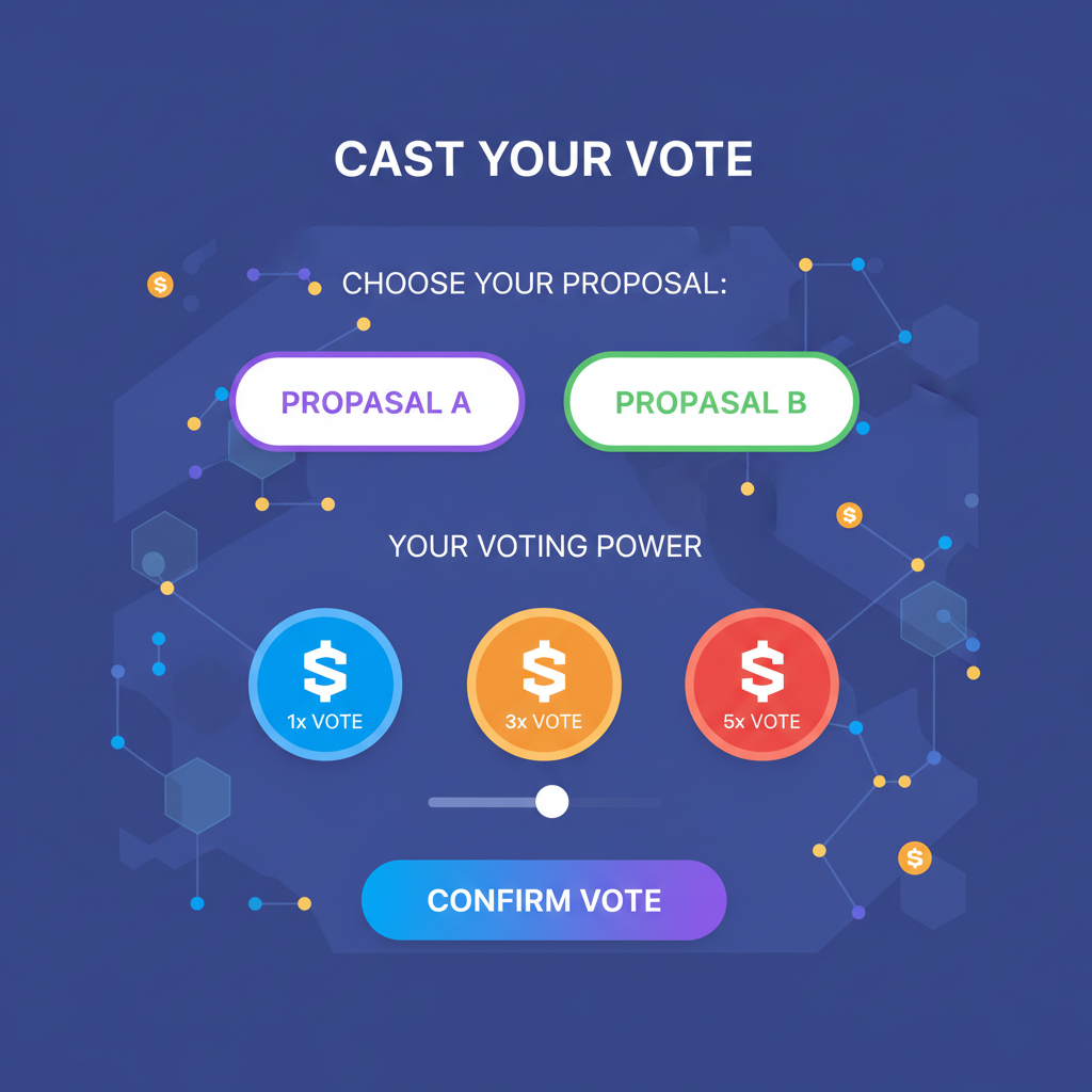 Voting interface showing NFT badge weights: 1x, 3x, 5x multipliers, Solana blockchain background