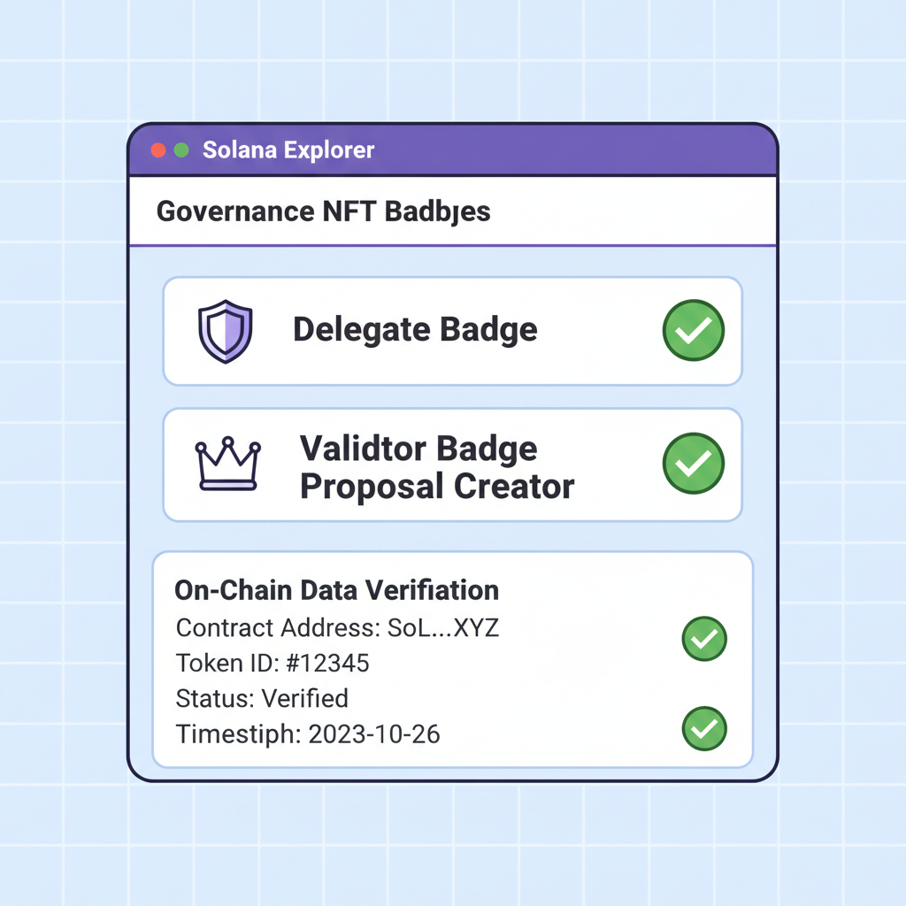 Solana blockchain explorer verifying governance NFT badges, green checkmarks, on-chain data