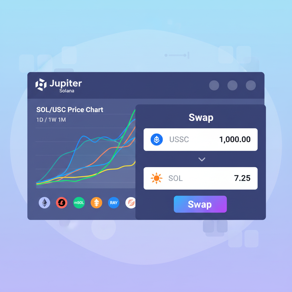 Jupiter DEX swap interface USDC on Solana, vibrant charts and tokens
