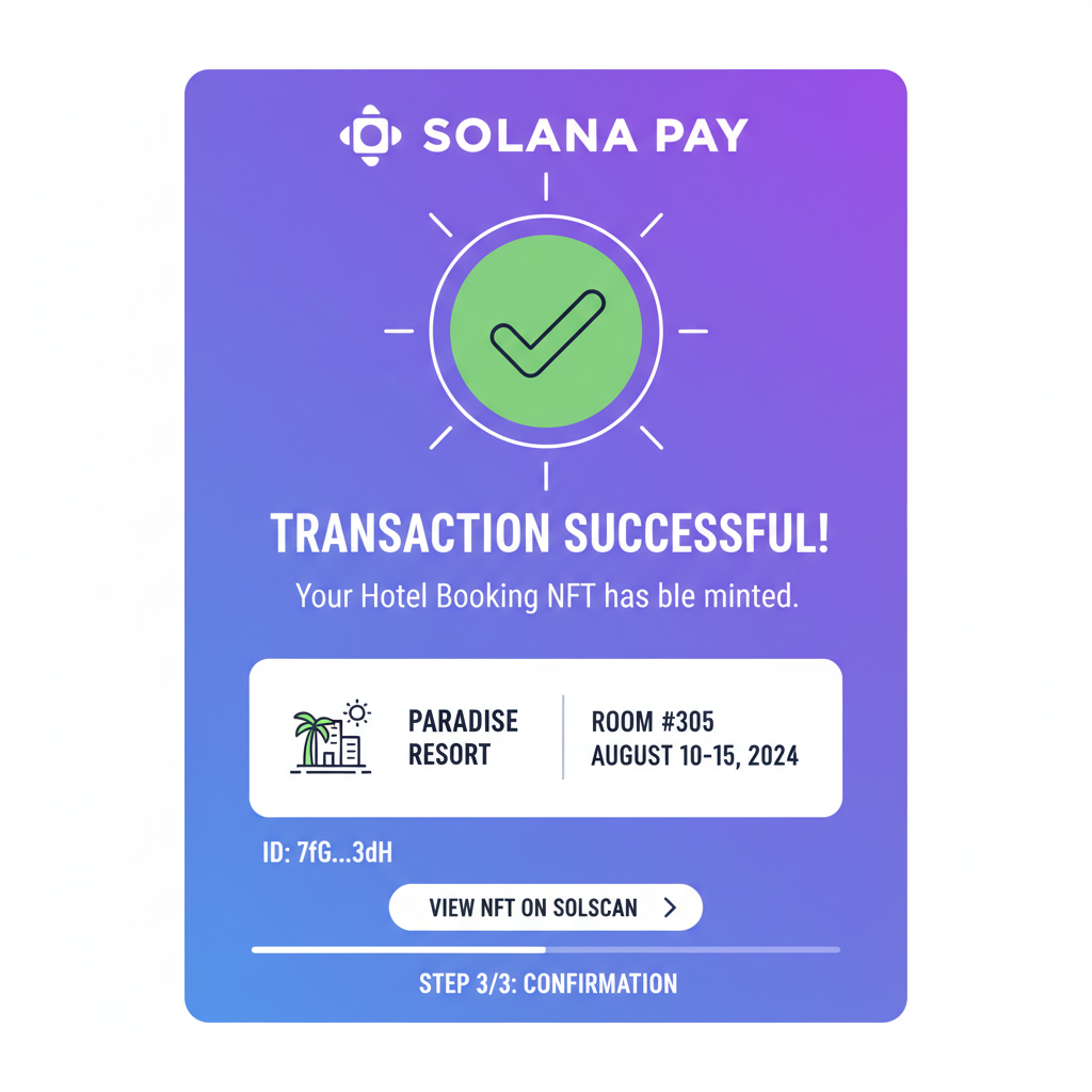 Solana transaction success screen, hotel booking NFT minting