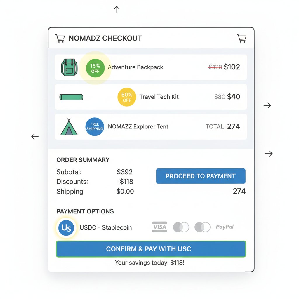 Nomadz checkout cart with USDC payment option, savings badges highlighted
