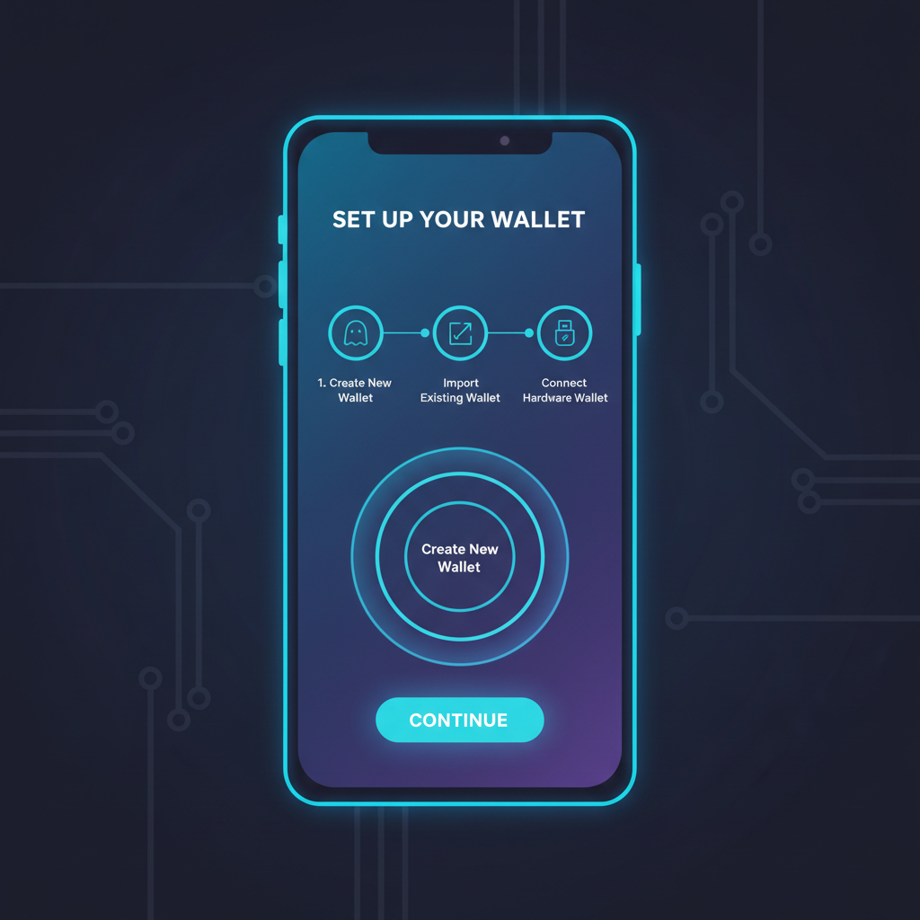 sleek Phantom Solana wallet setup screen on mobile device, futuristic blue glow