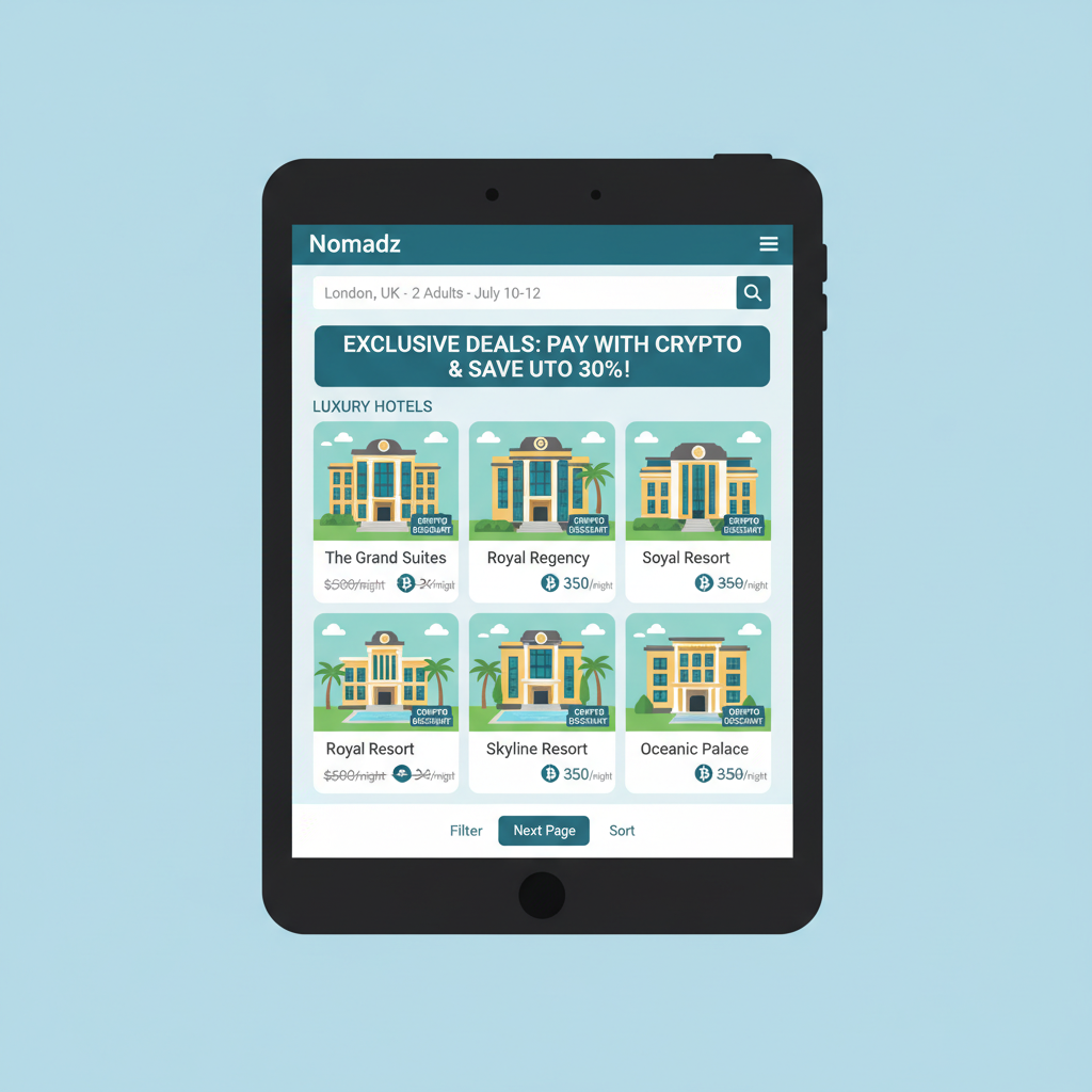 Nomadz hotel search results page, luxury hotels discounted crypto payments