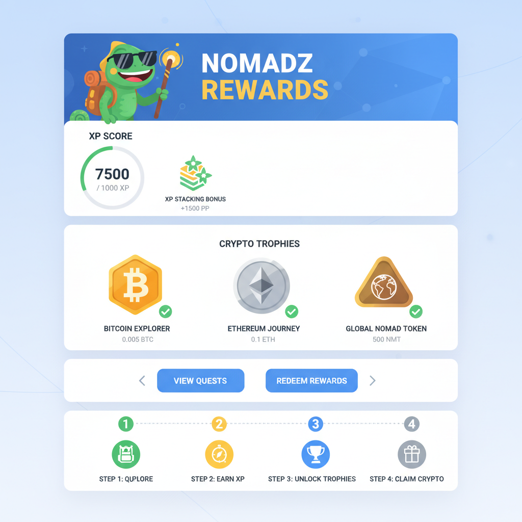Nomadz rewards dashboard XP score stacking, crypto trophies
