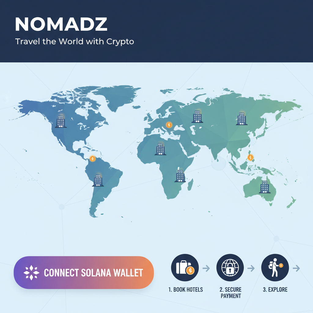 Nomadz homepage with Solana wallet connect button, world map hotels crypto theme