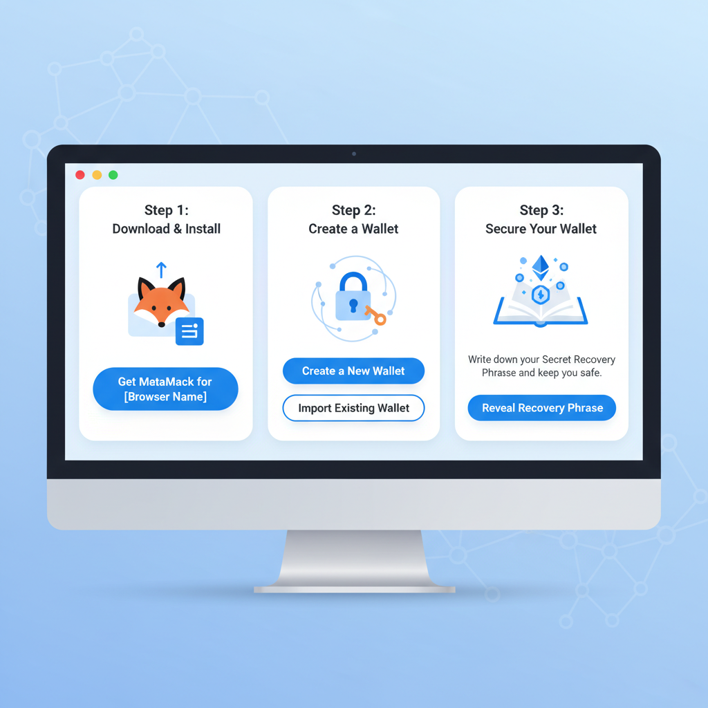 clean MetaMask wallet setup interface on desktop, beginner friendly, blue theme