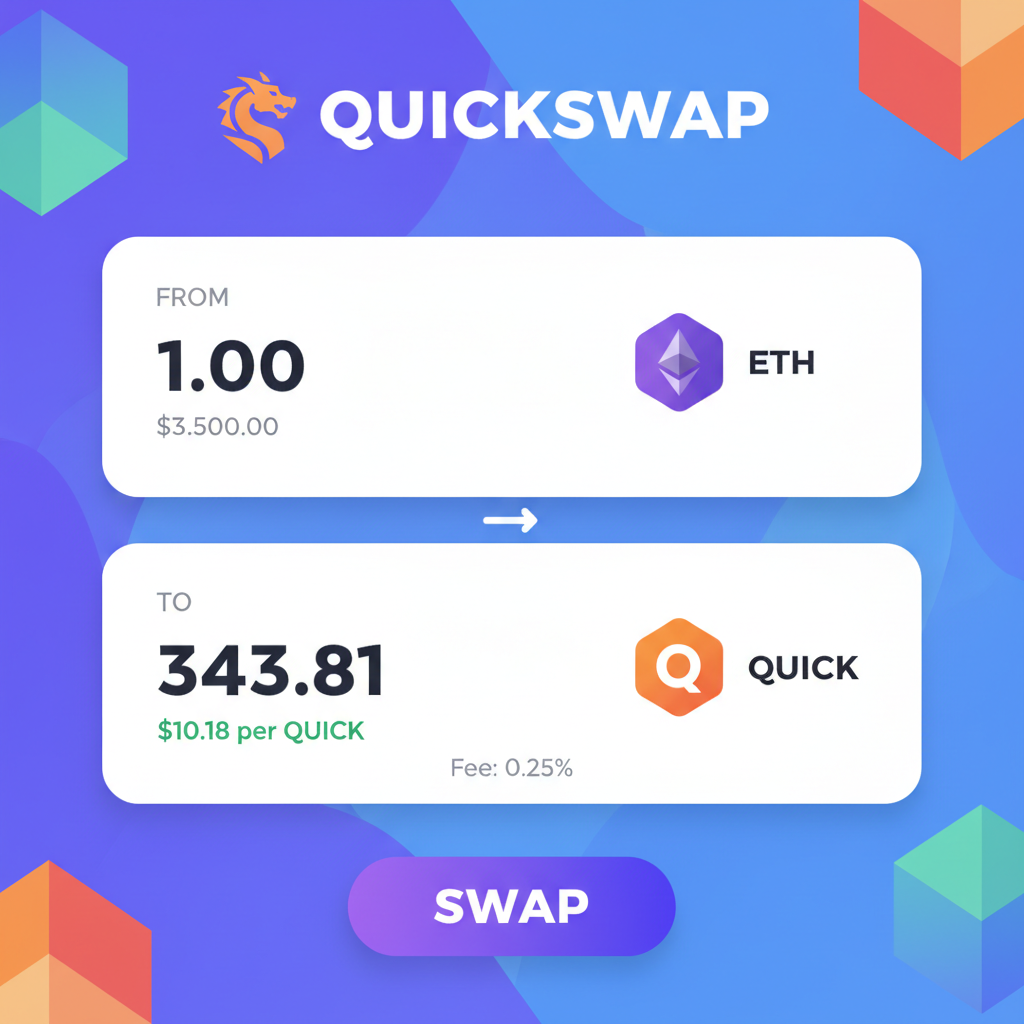 QuickSwap DEX swap screen ETH to QUICK tokens at $10.18 price, vibrant UI