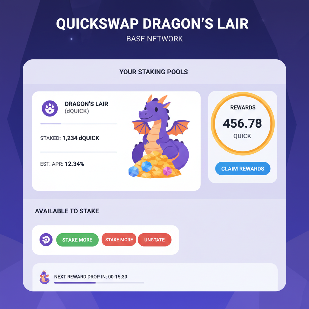 QuickSwap Dragon's Lair staking dashboard on Base, dragon theme, rewards display