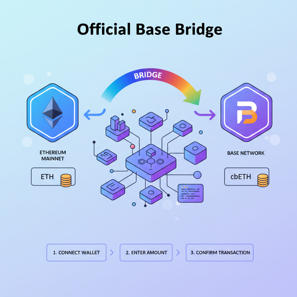 Official Base bridge interface bridging ETH, vibrant DeFi graphic