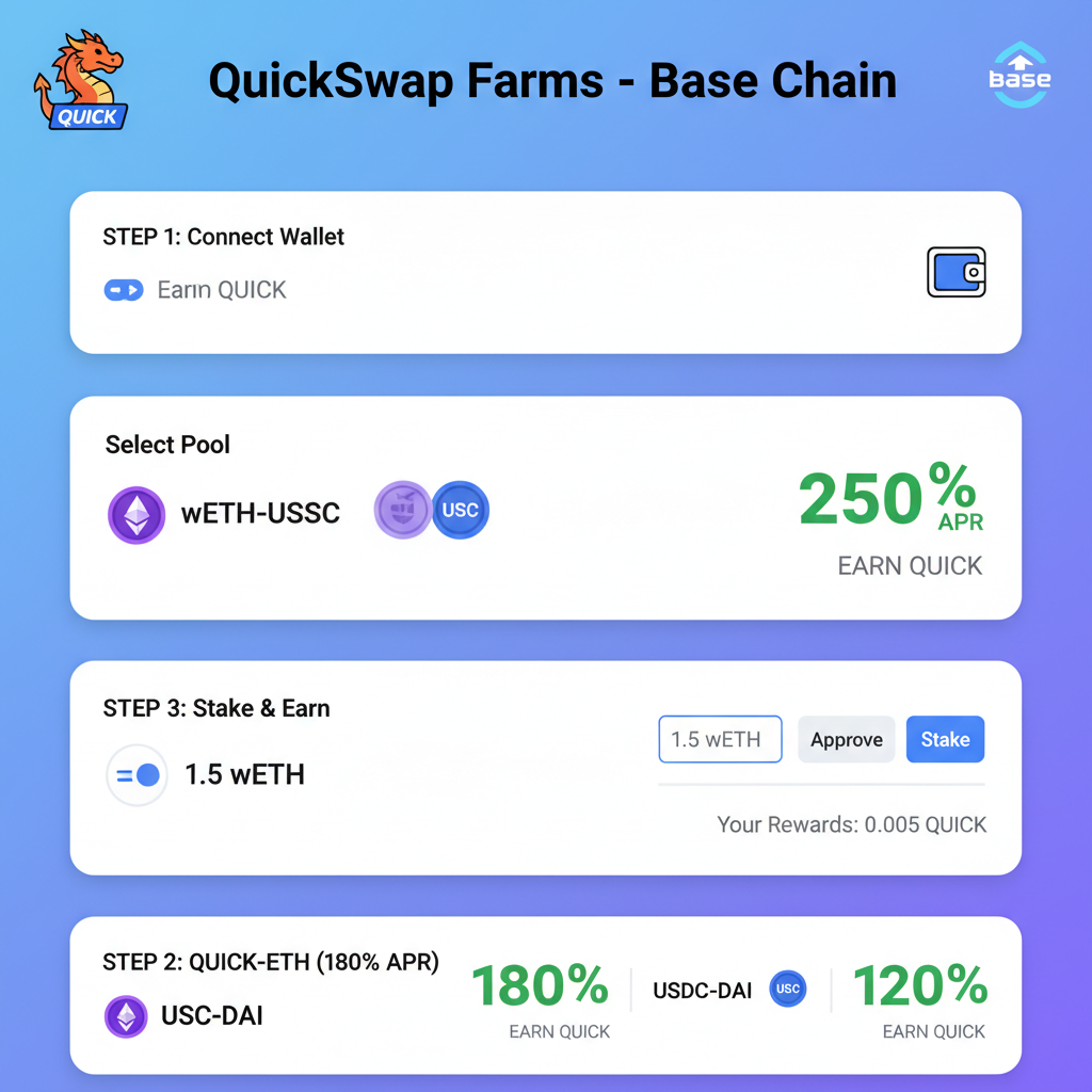 QuickSwap farms page with high APR pools on Base chain