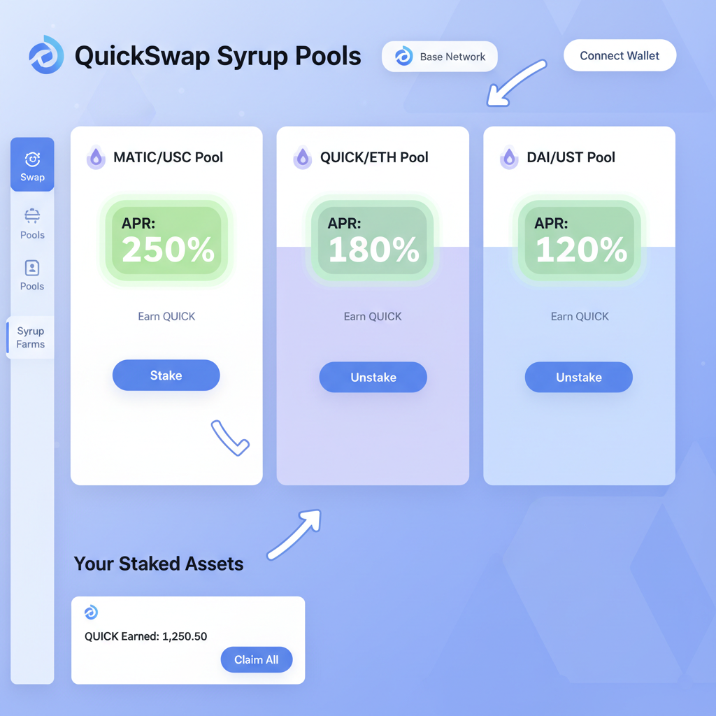 QuickSwap Syrup staking pool dashboard on Base, high APR highlights