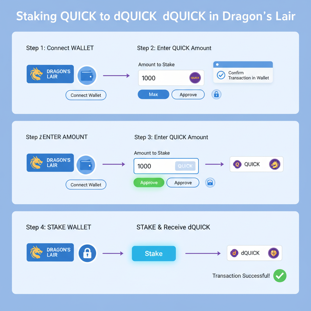 Staking QUICK to dQUICK in Dragon's Lair, step-by-step DeFi UI