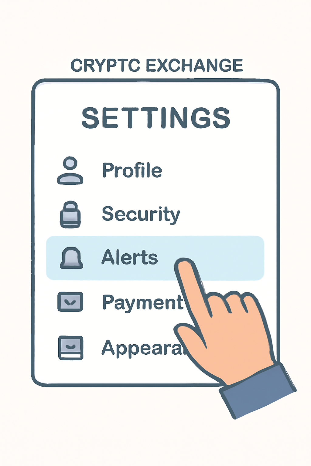 A settings menu open on a crypto exchange platform, highlighting the 'Alerts' or 'Notifications' option.