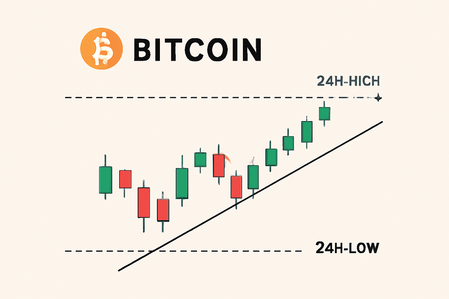 A digital chart highlighting Bitcoin's 24-hour high and low prices, with trend lines and candlestick patterns.