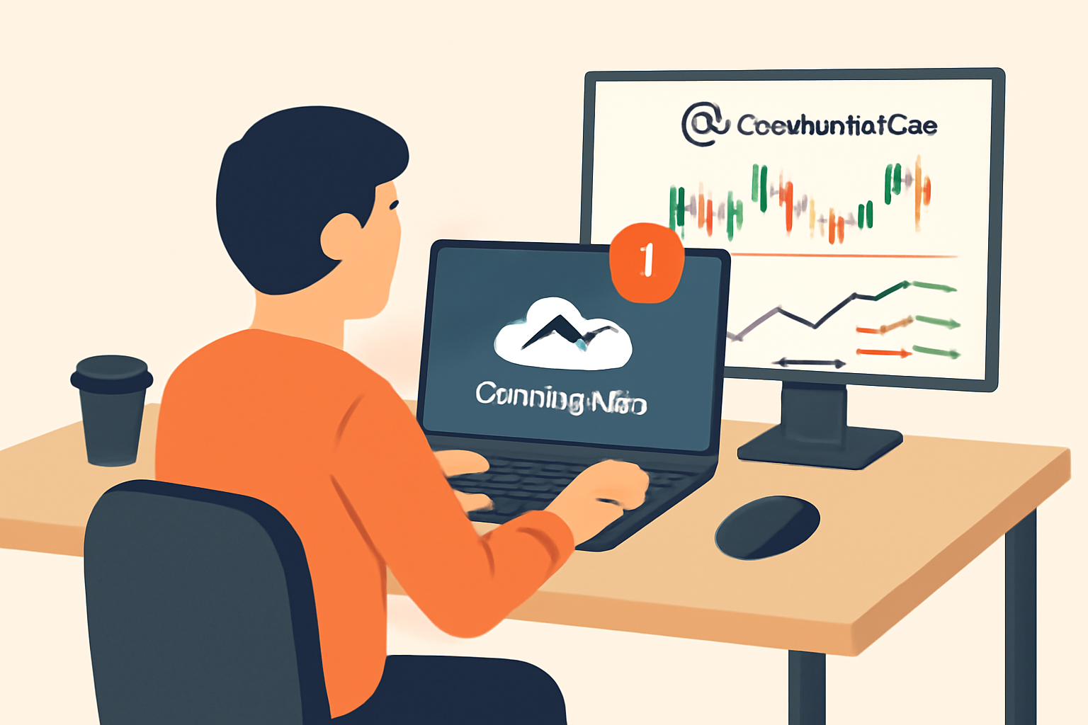 A trader at a desk receiving a TradingView alert on their laptop and quickly analyzing CoinMarketCap charts before executing a trade.