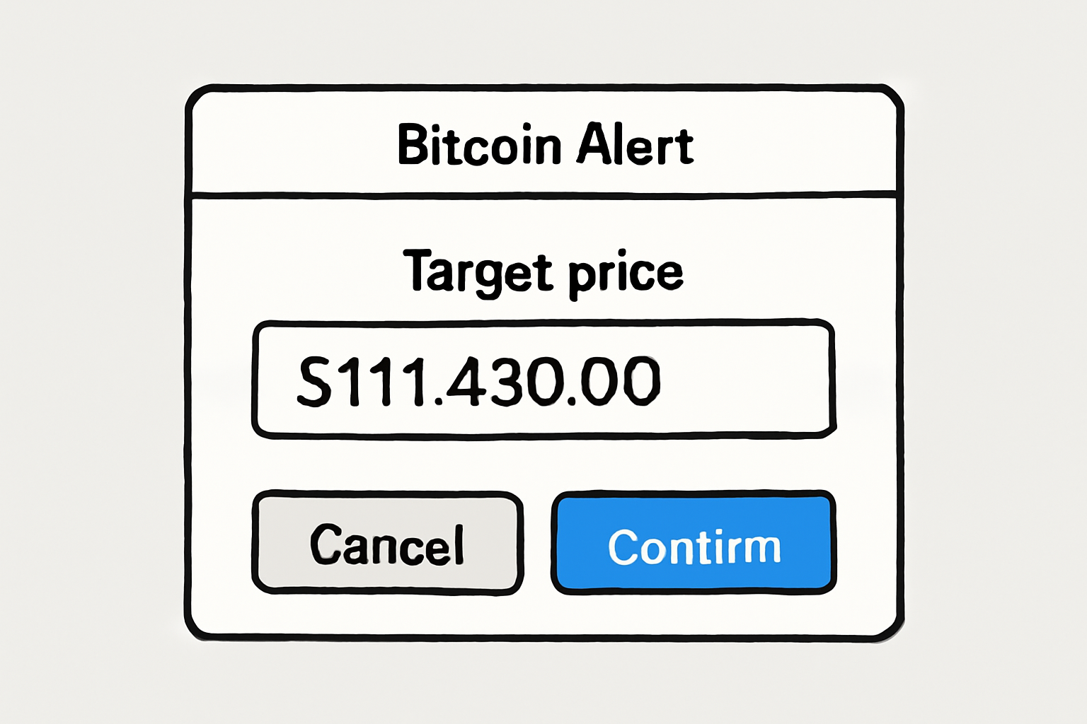 A form or popup window where a user inputs '$111,430.00' as the target price for a Bitcoin alert, with confirm and cancel buttons.