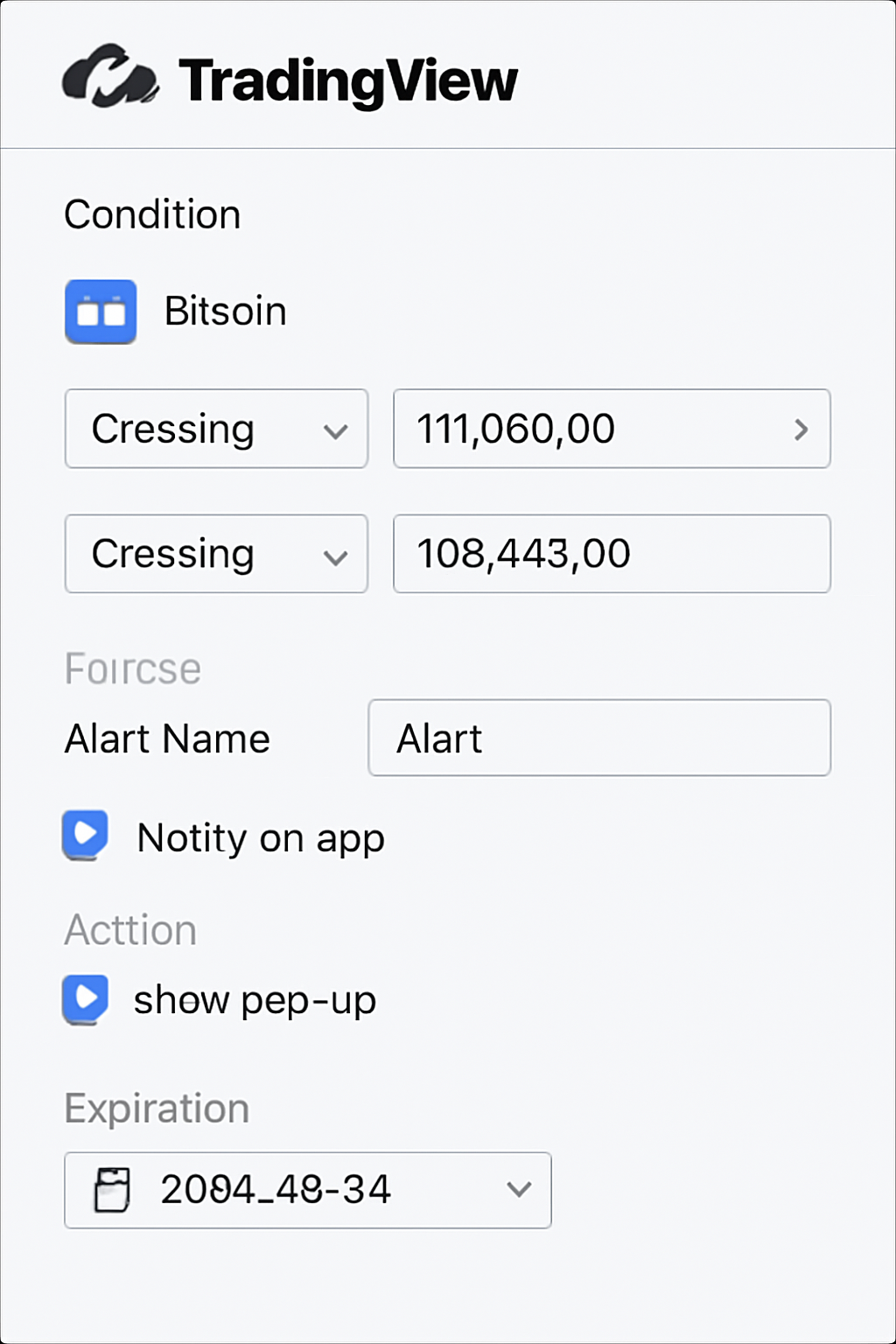 A TradingView alert setup window, with conditions set for Bitcoin price crossing $111,680.00 and $108,848.00.