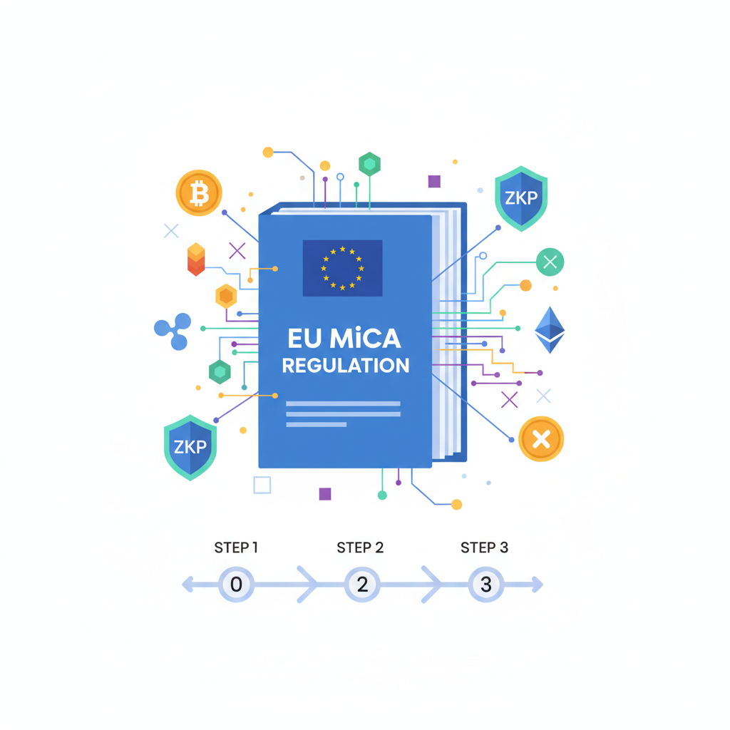 EU MiCA regulation document glowing with crypto blockchain icons and ZKP shields, professional infographic style