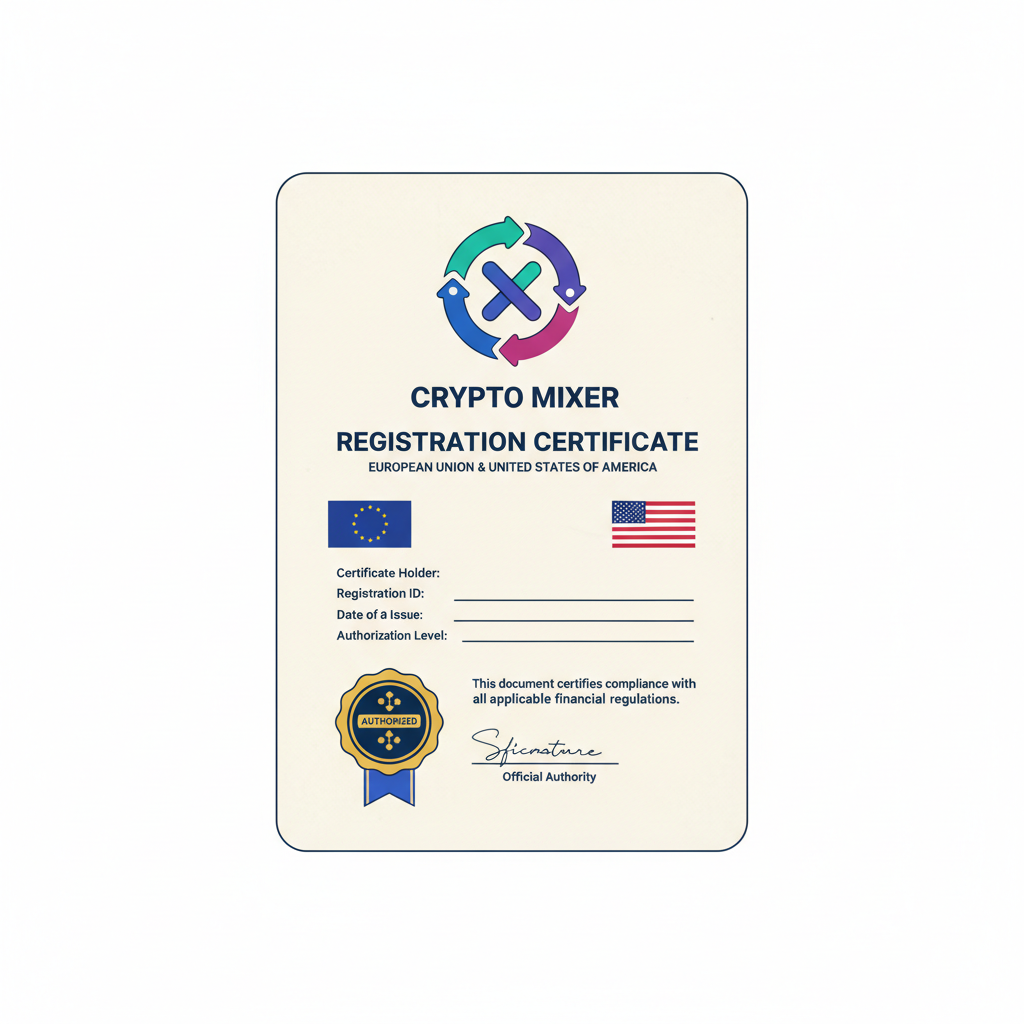 Official registration certificate with crypto mixer logo, EU and US flags, authoritative document style