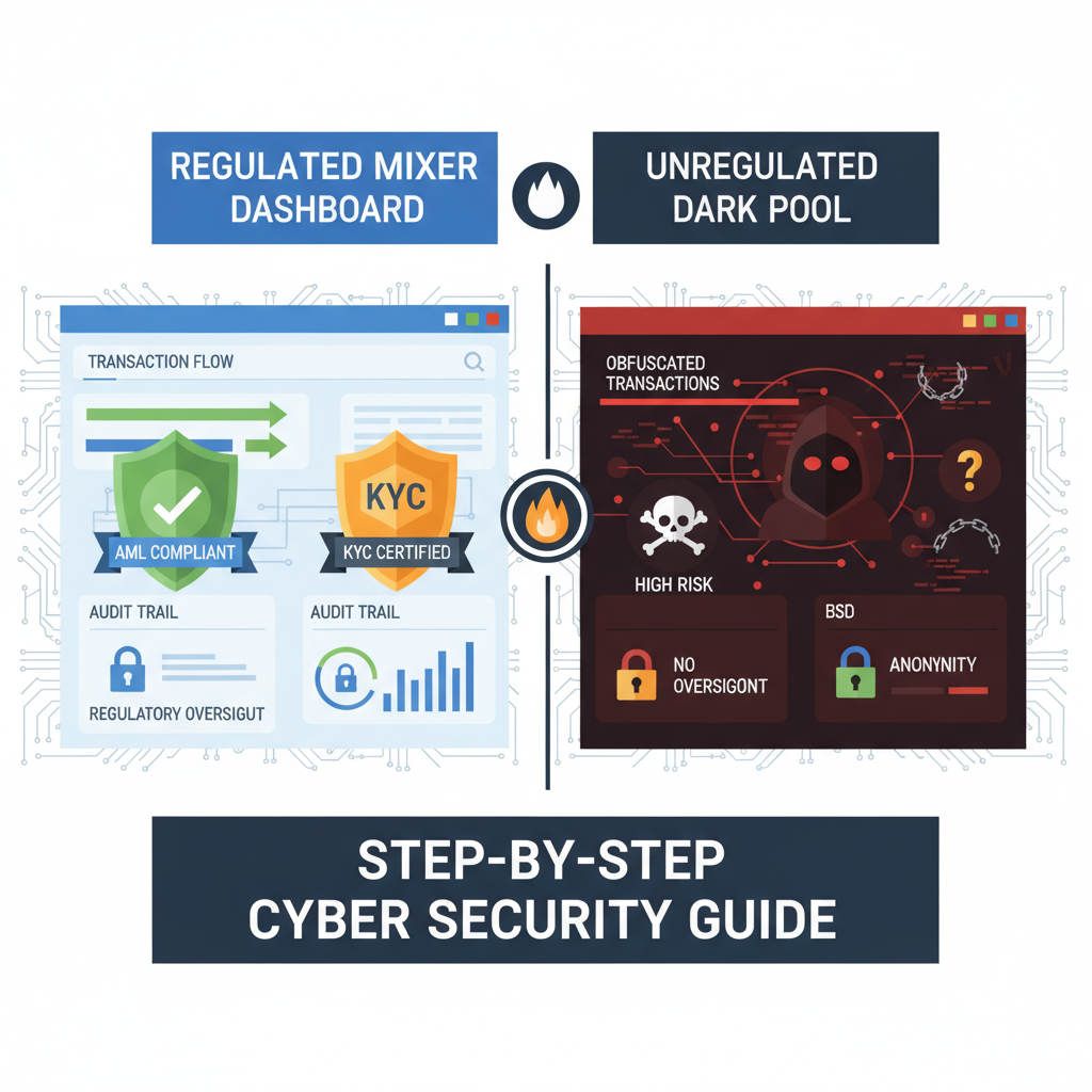 Split image: regulated mixer dashboard with compliance badges vs unregulated dark pool, cyber security theme
