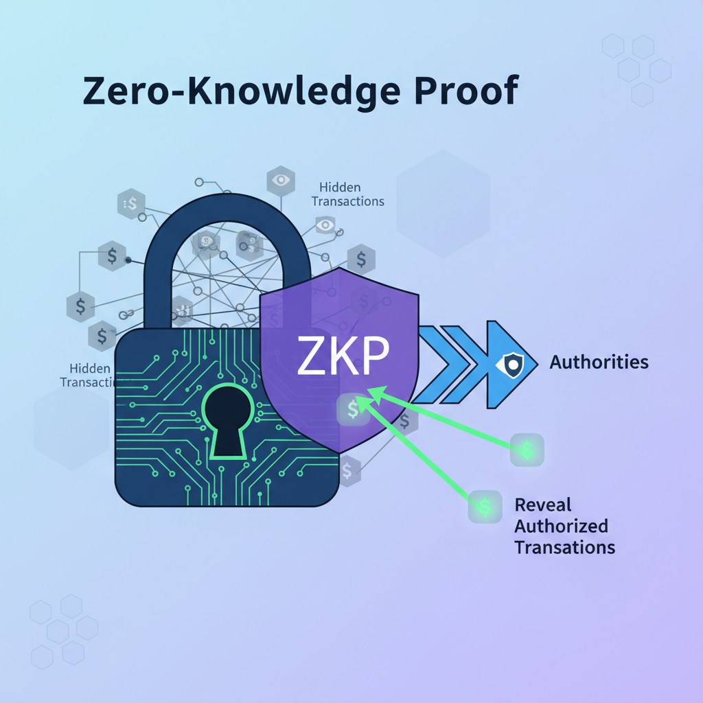 Zero-knowledge proof visualization with hidden transactions and reveal arrows for authorities, abstract crypto art