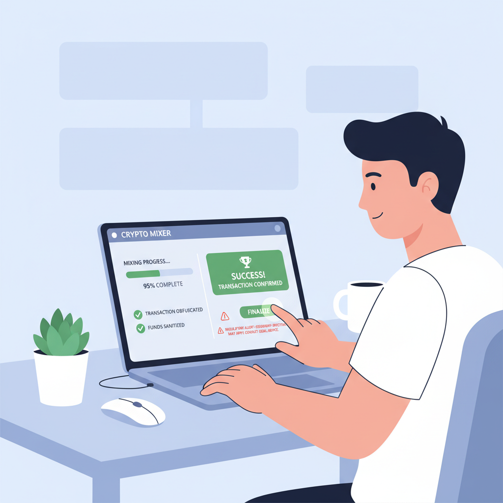 User testing crypto mixer on laptop with success metrics and regulatory alerts, realistic tech setup