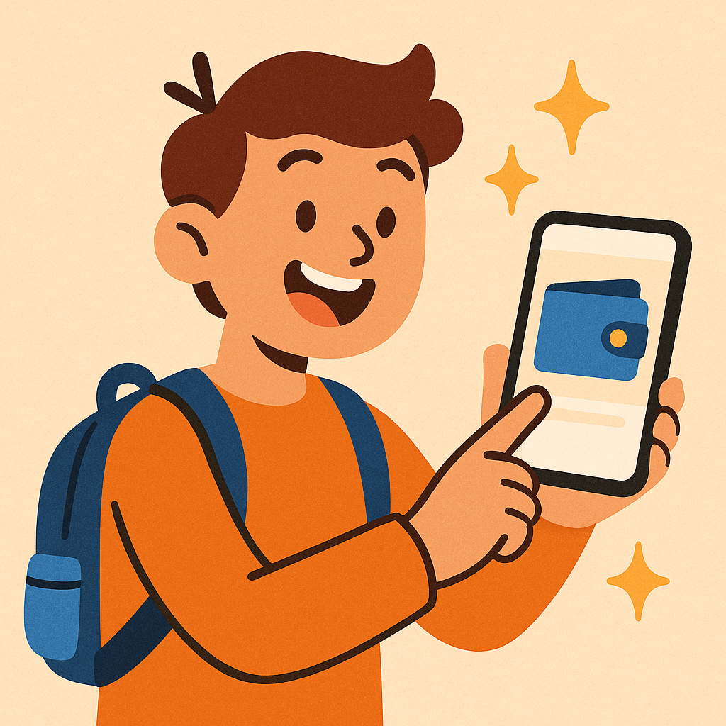 A cartoon person excitedly setting up a digital wallet on their phone, with a backpack and sparkles, in a friendly and colorful style.
