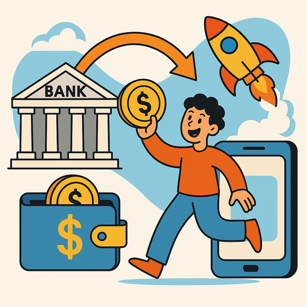 A cheerful character transferring coins from a bank to their digital wallet, with a rocket ship in the background, playful and vibrant.
