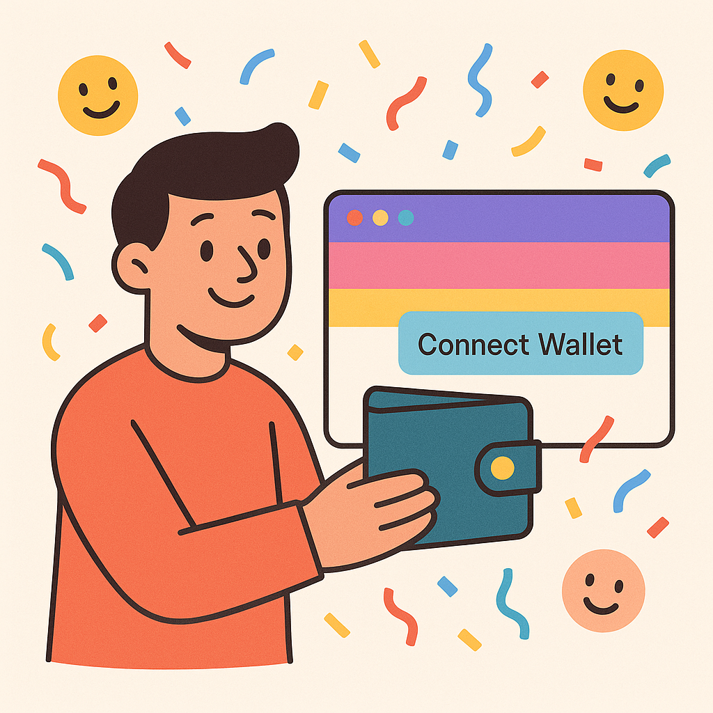 A friendly cartoon character connecting their wallet to a colorful website, with confetti and smiling icons.