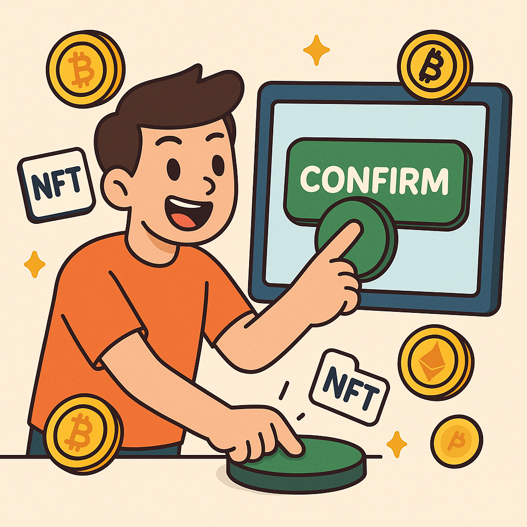 A cartoon character excitedly pressing a big 'Confirm' button on a digital screen, with digital coins and NFTs floating around.
