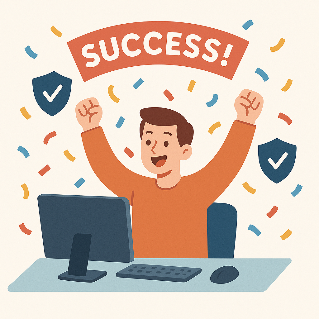 A jubilant character celebrating in front of a computer, surrounded by confetti, shield icons, and a 'Success!' banner.