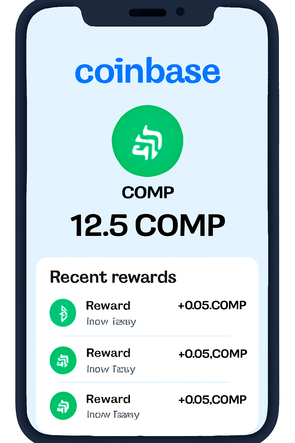 A close-up of the Coinbase app showing a COMP balance and recent rewards transactions